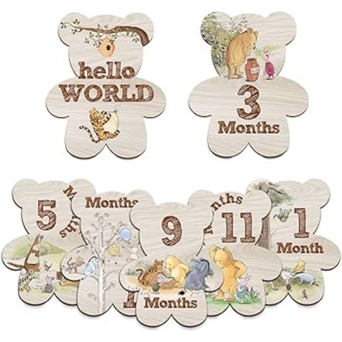7Pcs Winnie Baby Monthly Milestone Markers, Classic Winnie Baby Stuff, Double-Sided Printing Months Baby Milestone Wooden Keepsake, Milestone Pictures of Newborn