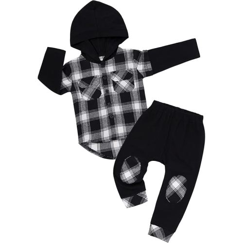 DONWEN Toddler Baby Boy Clothes Plaid Long Sleeve Patchwork Hoodie Top + Pants 2pcs Fall Winter Outfits Set