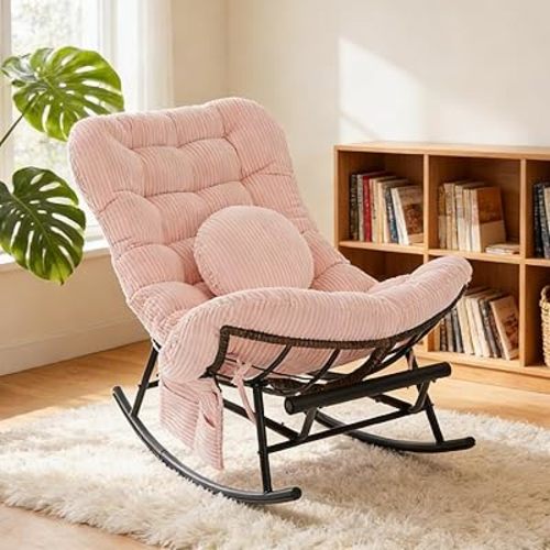 Rocking Chair Nursery, Oversized Patio Rocker Recliner Chair with Footstool, Glider Chair with Pillow & Side Pocket for Living Room, Nursery, Breastfeeding (Pink)