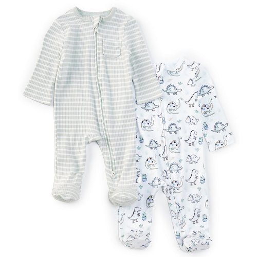 Little Me Baby Boys Newborn-9 Months Long Sleeve Dinosaur-Printed/Striped Footed Coverall Two-Pack