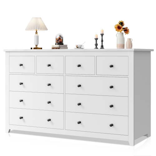 EnHomee White Bedroom Dresser, 10-Drawer Wood Chest with Smooth Metal Rail, Modern Design, Wide Top