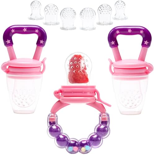 Shakar Baby Fruit Feeder Pacifier - 3 Pack Silicone Baby Food Feeder Pacifiers | Silicone Teether Feeder | Baby Food Pacifier Feeder (Pink)