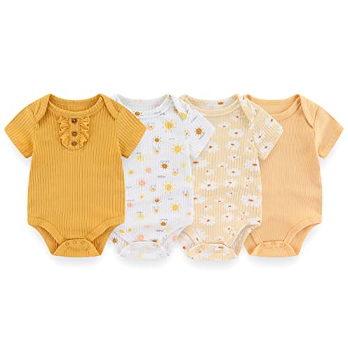 ZAV Solid Unisex Short Sleeve Baby Boy Girl Bodysuits 4-pack Cotton Cartoon Baby Clothes Soft Infant Outfits