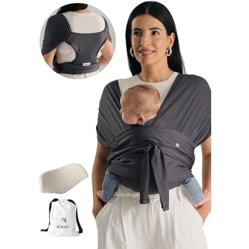 Konny New and Improved Baby Carrier Flex AirMesh(Head Support) - Summer Adjustable, Easy to Wear and Wrap Baby Sling, Perfect for Newborn Babies Essentials up to 44 lbs (XS-XL) - Charcoal
