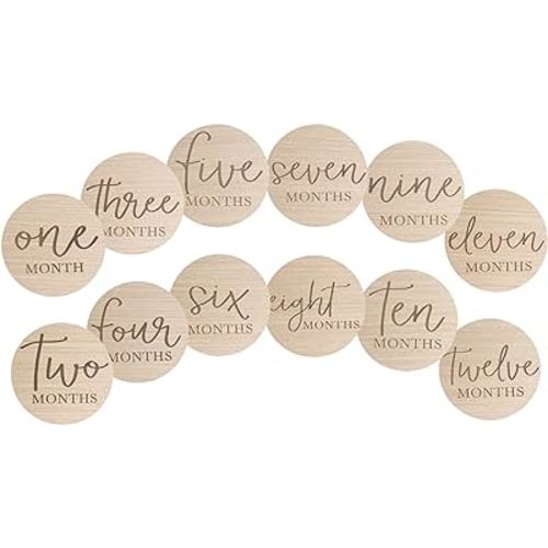 Little Pear Wooden Milestone Photo Cards, Baby Announcement Cards, Double Sided Photo Prop Monthly Milestone Discs, Pregnancy Journey Milestone Markers, 1-12 Months, Light Wood