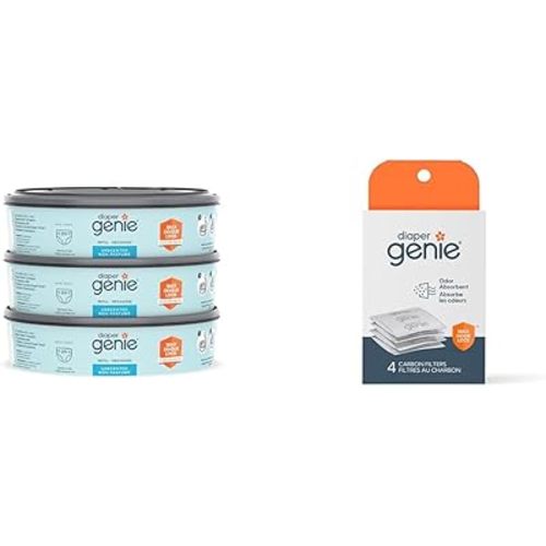 Diaper Genie Lot de 3 recharges de système de seau à couches bleu et plateau de recharge de filtre à charbon Playtex pour seaux à couches, 4 filtres à charbon