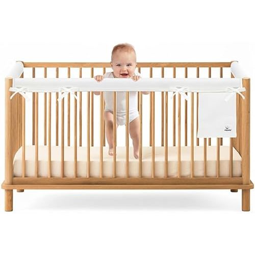Baby Crib Rail Covers for Teething (3-Pack) – Breathable Dual-Layer Mesh Teething Guard with Storage Pocket, Soft Padded Protector for Crib Rails, Fits Standard Full-Size Cribs, Pure White