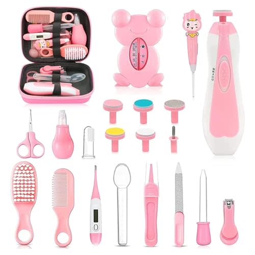 Baby Healthcare and Grooming Kit, 26 in 1 Portable Baby Safety Care Set with Hair Brush Comb Nasal Aspirator Electric Nail Trimmer Set Baby Essentials kit for Newborn Boys Girls (Pink)