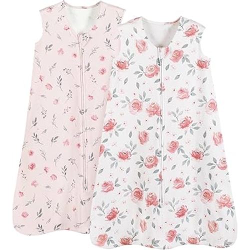 PHF 100% Cotton Baby Sleep Sack, 12-18 Months Wearable Baby Blanket, 2-Way Zipper Toddler Sleeping Sack for Baby Girls, 2 Pack Comfy Large Size Sleeveless Sleeping Bags, Pink Floral