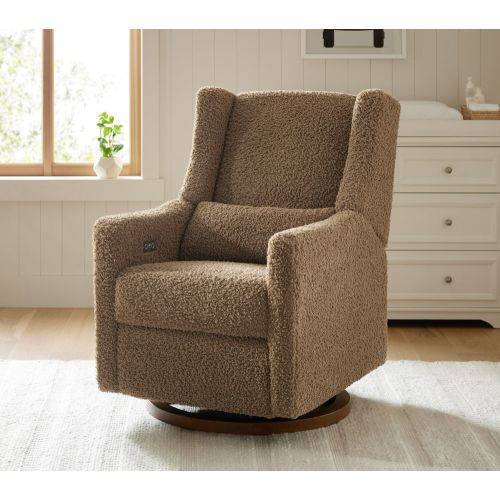 Babyletto Kiwi Electronic Recliner and Swivel Glider in Performance Natural Eco-Twill with Light Wood Base