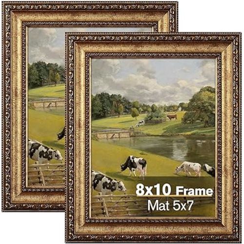 8x10 Gold Picture Frame, 2 Pack Ornate Vintage Picture Frames for Wall or Tabletop Display, 8x10 Photo Frame Gold with Real Glass, Display Poster 5x7 with Mat or 8x10 without Mat for Antique Déco
