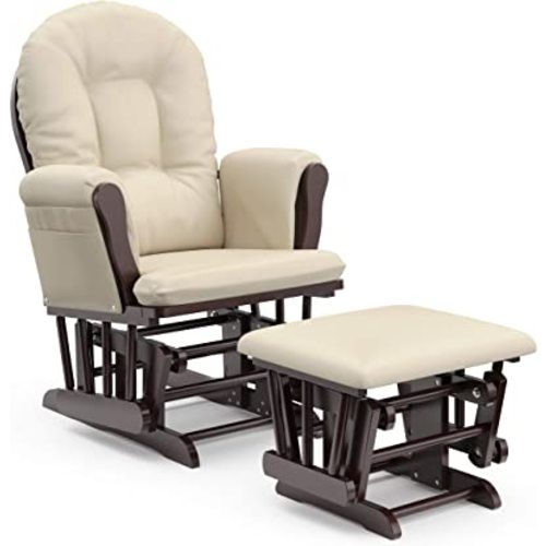 Storkcraft Premium Hoop Glider and Ottoman (Espresso, Beige) – Padded Cushions with Storage Pocket, Smooth Rocking Motion, Easy to Assemble, Solid Hardwood Base