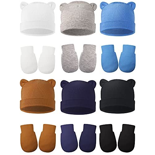 Geyoga 12 Pieces Newborn Hat Mittens Gloves Set Baby Boys Girls Cotton Baby Beanie for 0-12 Months