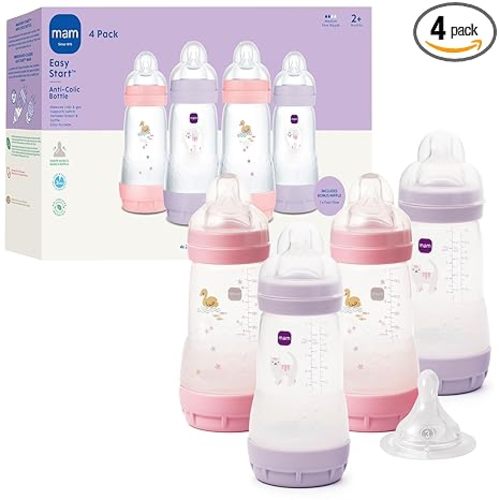 MAM 9oz Easy Start Anti-Colic Baby Bottles, Medium Flow with Bonus Fast Flow Nipple, Breastfeeding-Like Silicone, Reduces Colic and Gas, Easy-to-Clean, BPA-Free, 2 Plus Months