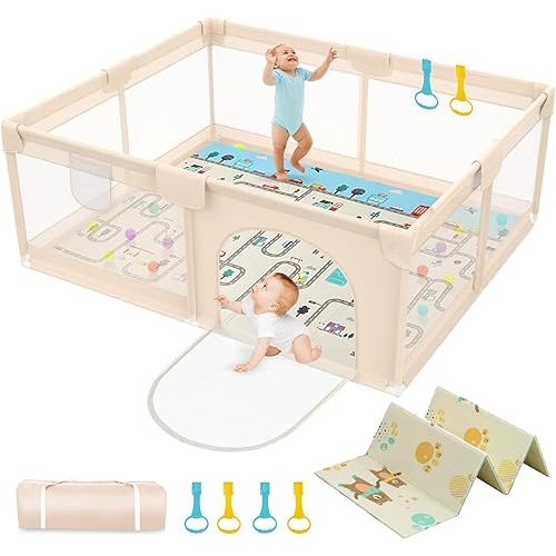 71 x 59 Baby Play Pen with Mat - Indoor & Outdoor Playpen for Babies and Toddlers - Extra Large Play Yards with Soft Foam & Sturdy Bottom Suction Cups - Toddler Baby Play Yard with Gate(Apricot)