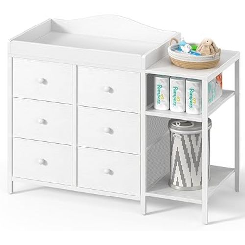 BOLUO Baby Dresser with Changing Table Top, White Changing Table Dresser with 6 Fabric Drawers Diaper Changing Station with Storage Shelf for Nursery Modern