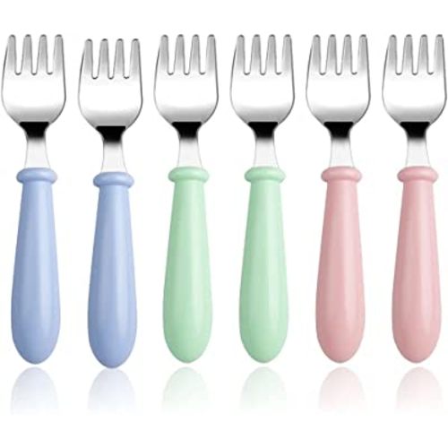 Pimoys 6 Pieces Toddler Forks Baby Forks for Self Feeding, Kids Forks with Round Handle, Stainless Steel Toddler Utensils Children's Safe Silverware Set BPA Free, Dishwasher Safe