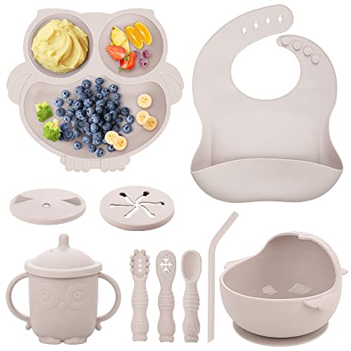 Bnditeu Baby Weaning Set - Silicone Toddler Feeding Set (10 Pcs) with Adjustable Bib, Suction Bowl, Plate, Fork, Spoon, Water & Snack Cup Kit - Baby Led Weaning Kit