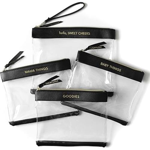 Lucky Love Diaper Bag Organizing Pouches | Set of 4 Including Diaper Clutch | Dry Wet Bag (Black & Clear)