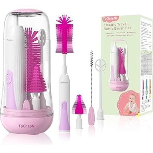 Electric Travel Baby Bottle Brush Set, Electric Bottle Brush Cleaner, Silicone Bottle, Nipple and Straw Brush, Stirring Disperser, Drainage Rack, Storage Box (Purple)