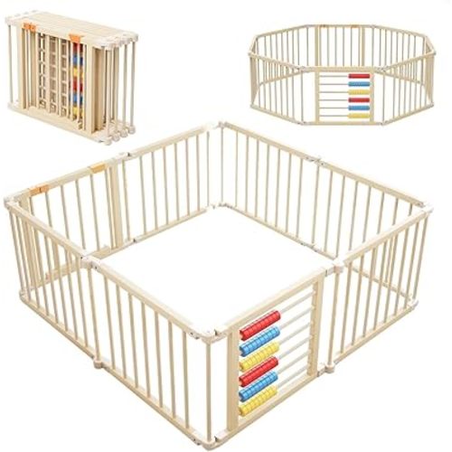Baby Playpen,Wooden Foldable Playpen For Toddlers and Babies with Locking Gate, 8 Panels Baby Fence, Indoor Play Yard with Abacus, Kids Activity Center