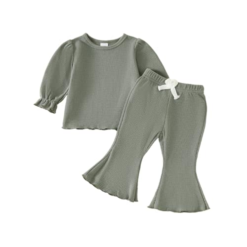 Koecnoc Baby Girl Fall Outfit Toddler Girl Winter Clothes Baby Lantern Sleeve Top and Flared Pant 2-Piece Waffle Clothing Set