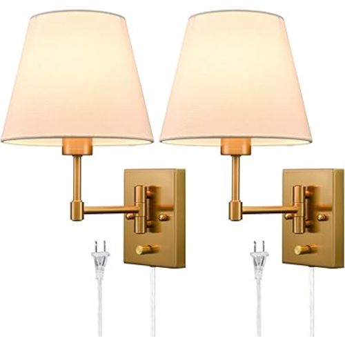 SAMTEEN Gold Plug-in Wall Sconces Set of Two Beige Shade Brass Swing Arm Wall Lamp with Plug-in Cord Wall Mount Reading Light for Bedroom Living Room