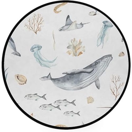 Round Rug Nursery Area Rugs Fish Whale Shark Dolphin Starfish Play Room Mat Non-Slip Floor Mats Soft Absorbent Carpet for Living Room Bedroom Kitchen Polyester 3Ft