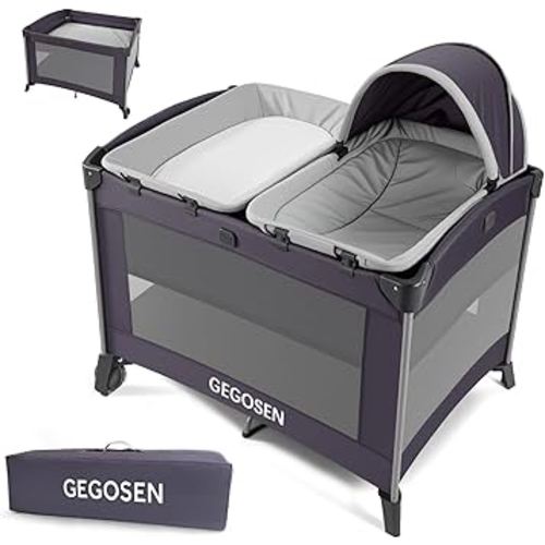 Portable Baby Playard 4 in 1 Design, Foldable Baby Playpen with Removable Bassinet, Canopy and Changing Table, Infant Playrad, Nursery Center Travel Crib