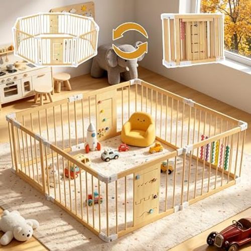 Foldable Wooden Baby Playpen, 58”x58”x24” Adjustable Shape & Size Playpen for Babies and Toddlers, Natural Pine Wood Playard & Room Divider for Toddlers, Portable Indoor Baby Fence w/Safety Lock