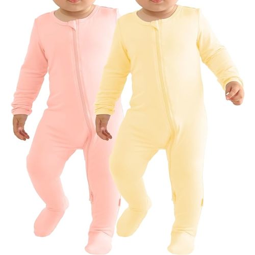 Baby Bamboo Rayon Romper Infant Footies Long Sleeve Double Zipper Outfits 2-Pack One-Piece Jumpsuits