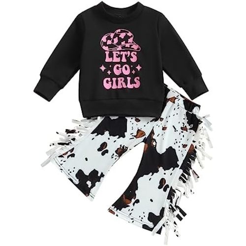 Western Toddler Baby Girl Fall Clothes Long Sleeve Let's Go Girl Shirt Cow Print Flare Pants with Tassels 2Pcs Outfits