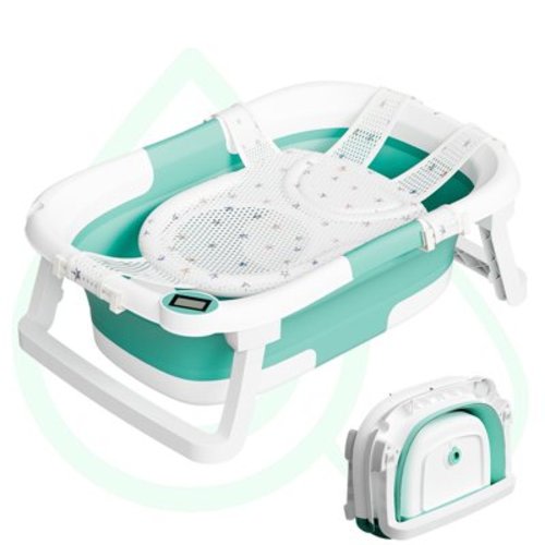 Aprpink Foldable Baby Bathtub PP+TPE with Soft Bath Net&Thermometer for 0-36 Months Toddler Turquoise
