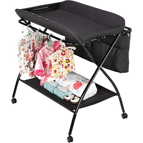 JOYMOR 2-in-1 Folding Baby Changing Table, Moblie Diaper Table for Infant, Portable Diaper Changing Station with Wheels, Large Storage Basket ＆ Shelf Portable Nursery Organizer