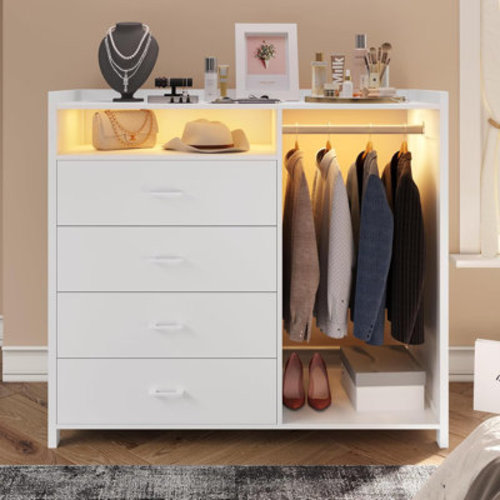 17 Stories Dresser For Bedroom With Clothes Rack, 6 Drawer Dresser With Shoe Rack, Charging Station & Led Lights | Wayfair