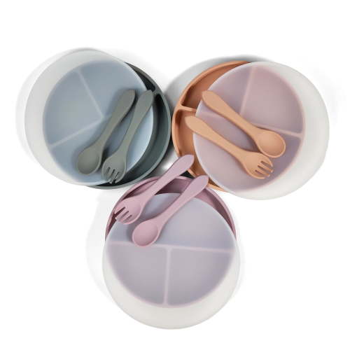 Won Wish BPA Free 100% Silicone Suction Baby Plates With Cutlery: Mauve, Dark Grey, & Muted