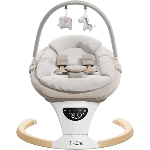 TimChic Baby Swings for Infants, Portable Infant Swing with 5-Speeds, 3-Adjustable Height, 3 Timer & 12 Preset Melodies, Mutil-Function Electric Swing for Baby, Indoor & Outdoor Use (Beige)