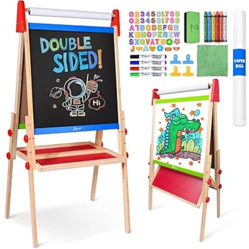 Joyooss Easel for Kids,Toddler Art Easels for Kids Ages 4-8 9-12 with Paper Roll,Foldable Height Adjustable Double Sided Wooden Easel Magnetic Whiteboard & Chalkboard