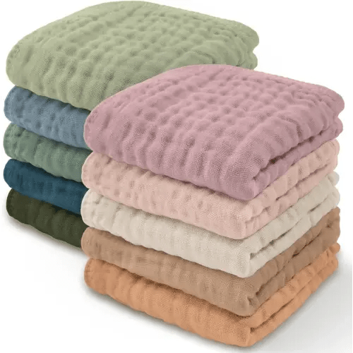 Comfy Cubs Muslin Baby Washcloths 10 Pack - Soft 6-Layer Cotton Wash Cloths for Sensitive Skin - 10"x10" Large, Gentle, Absorbent Infant Essentials for Newborn and Toddlers - (Multicolor)