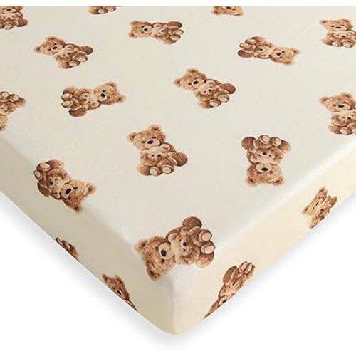 LifeTree Pack and Play Sheets Fitted for Baby, 38" x 26" x 2" Muslin Playard Mattress Pad Cover,70% Viscose from Bamboo and 30% Cotton, Bear Pattern
