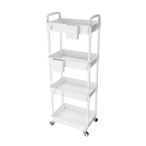 4 Tier Rolling Utility Cart with Handle,REBECAT Utility Cart Made of Multifunctional Storage Organizer Tool for Kitchen,Bathroom,Living Room,Office(White)