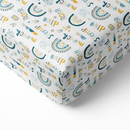 Bacati - Little Dino Boys Rainbow Teal/Yellow Muslin 100 percent Cotton Muslin Universal Baby US Standard Crib or Toddler Bed Fitted Sheet
