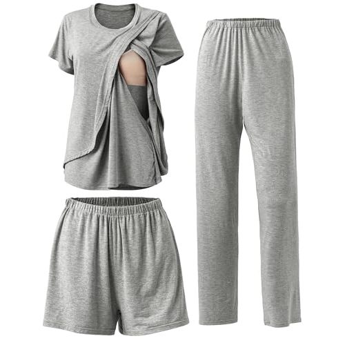 Rnxrbb 3 Piece Postpartum Nursing Pajamas Set Casual Soft Maternity Breastfeeding Pjs Sleepwear Loungewear Clothes Layer