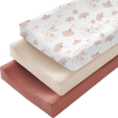 3 Pack Muslin Changing Pad Cover for Baby Girls Boys - Ultra Soft Changing Table Cover Diaper Changing Pad Sheets, 100% Cotton(Ginkgo, Beige, Brick Red)