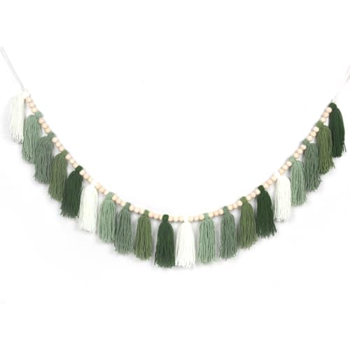 Tasruwat Green Boho Yarn Tassel Garland Sage Green Garland Wall Hanging Decor Forest Woodland Tassel Banner with Beads for Nursery Classroom Office Birthday Party Kids Room Baby Shower Decoration