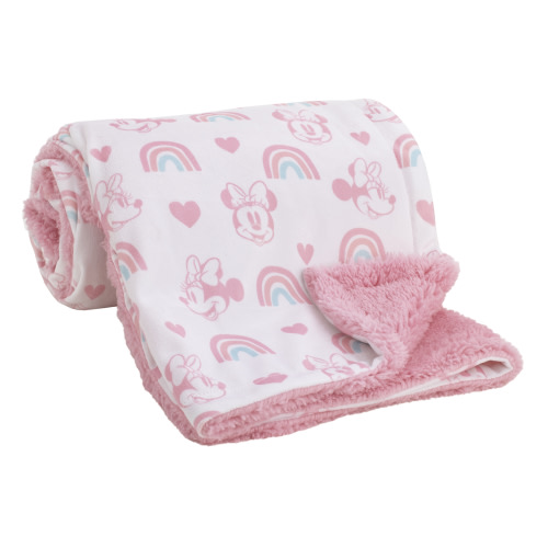 Disney Minnie Mouse White, Pink, and Aqua Rainbow and Hearts Blanket