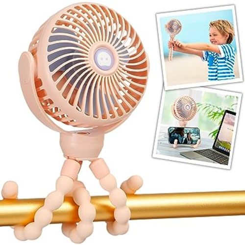 snawowo Mini Portable Baby Stroller Fan, Battery Operated Clip on Fan, Rechargeable 360° Rotate Flexible Tripod Handheld Cooling for Car Seat Crib Treadmill Travel(Pink)