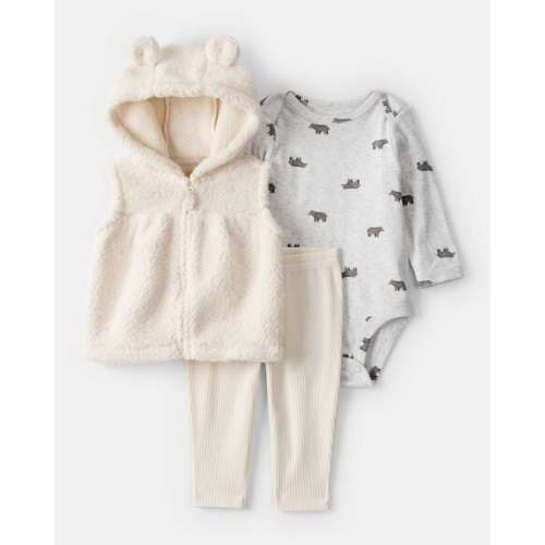 Baby Girl 3-Piece Bear Print Sleeveless Jacket, Bodysuit & Pant Set - White - Carter's | Carter's