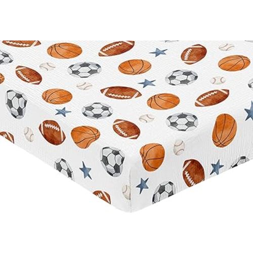 Sweet Jojo Designs Muslin Crib Sheets (Sports Theme) for Baby Boys, Infant Nursery, Toddler Room - 100% Cotton Fitted Sheet Standard Size (Vintage, Soccer Balls, Football, Baseball, Basketball, Stars)