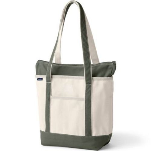 Lands' End Medium 5 Pocket Zip Top Long Handle Canvas Tote Bag - - Natural/Dark Olive Green